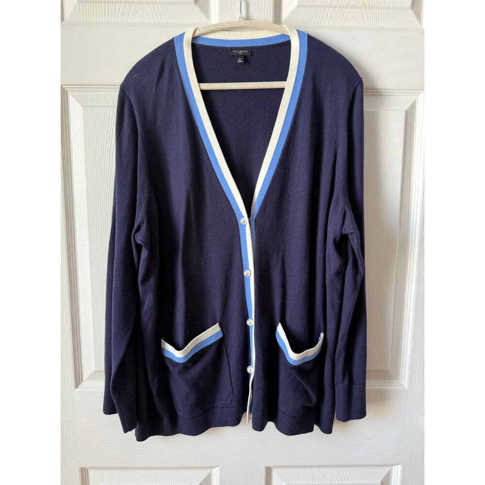 Talbots Plus Navy Blue Cardigan Pearl‎ Button Sweater Womens 2X Preppy Coastal